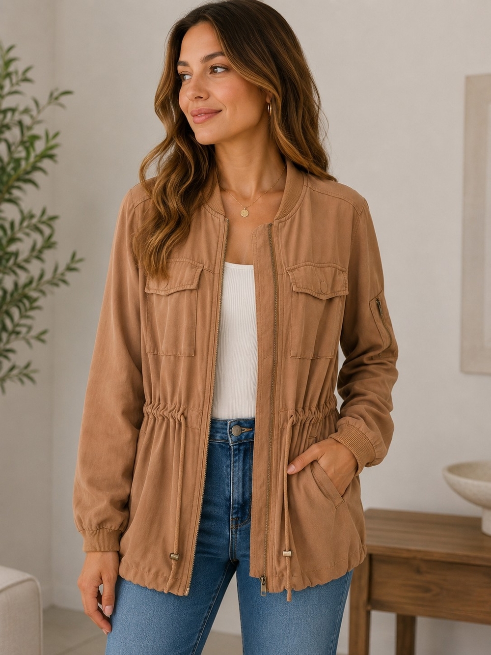 Sky Tan Drawstring Waist Utility Jacket